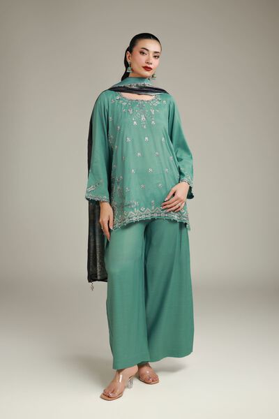 Embroidered | Raw Silk | Summer Teal Pants | USD 10.50