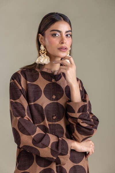 Printed | Light Khaddar | Brown Longline Kurta | USD 35.00