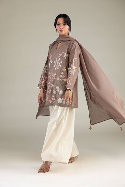 Embroidered | Cotton Dobby | Brown V-Neck Kurta | USD 22.50