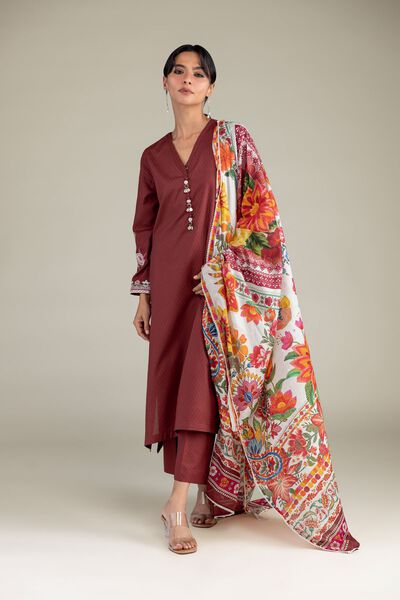 Embroidered | Cotton Dobby | Maroon V-Neck Kurta | USD 22.50