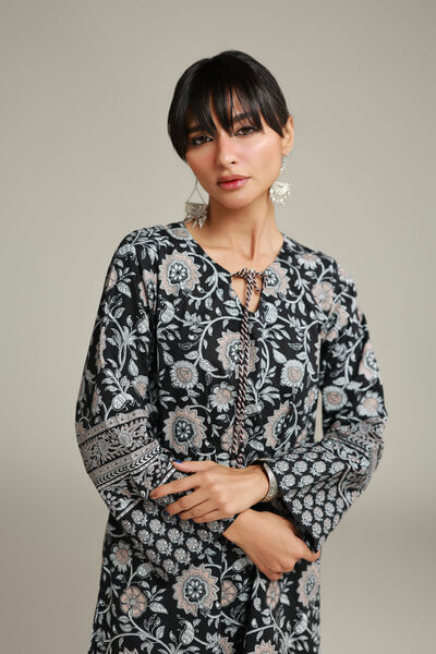 Printed | Cambric | Floral Black Kurta | USD 35.00