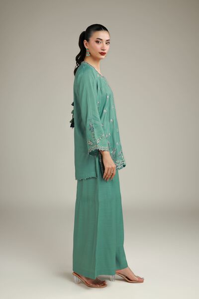 Embroidered | Raw Silk | Summer Teal Pants | USD 10.50