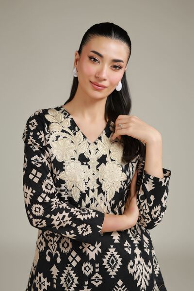 Embroidered | Cotton Dobby | Black V-Neck Kurta | USD 30.00