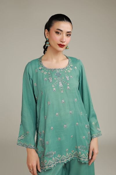 Embroidered | Raw Silk | Floral Drawstring Kurta | USD 32.50
