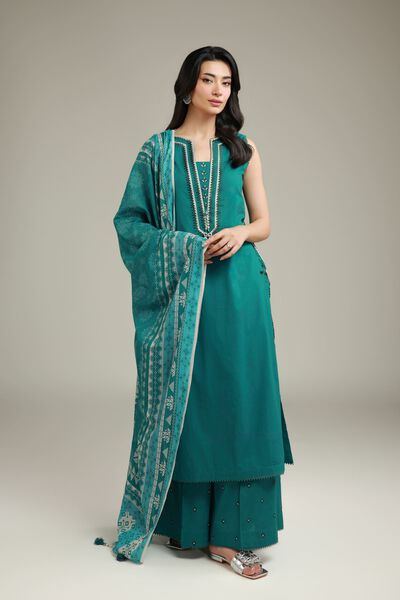 Embroidered | Cambric | Teal Cambric Pants | USD 35.00