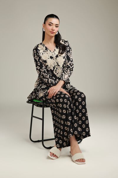 Embroidered | Cotton Dobby | Black V-Neck Kurta | USD 30.00