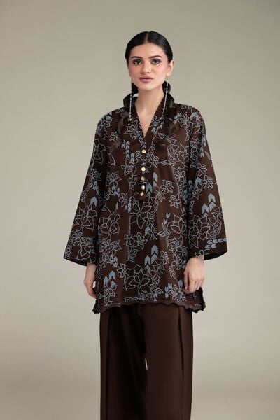 Printed | Cambric | Brown V-Neck Kurta | USD 35.00