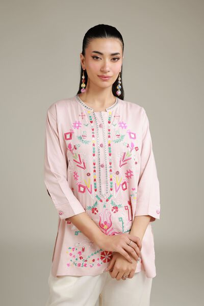 Embroidered | Viscose Crepe | Pink Buttoned Shirt | USD 12.00