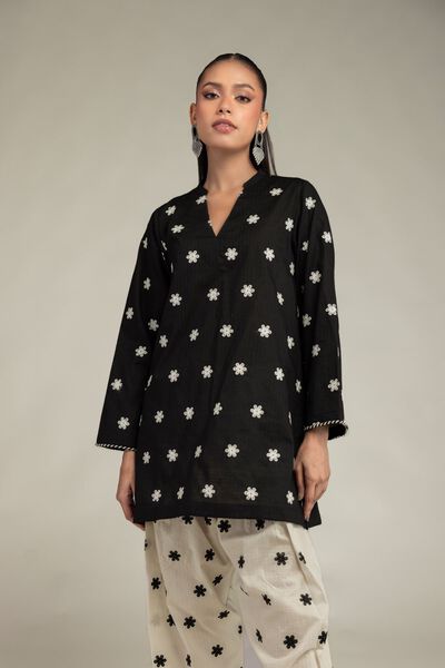 Embroidered | Cotton Dobby | Black V-Neck Kurta | USD 40.00