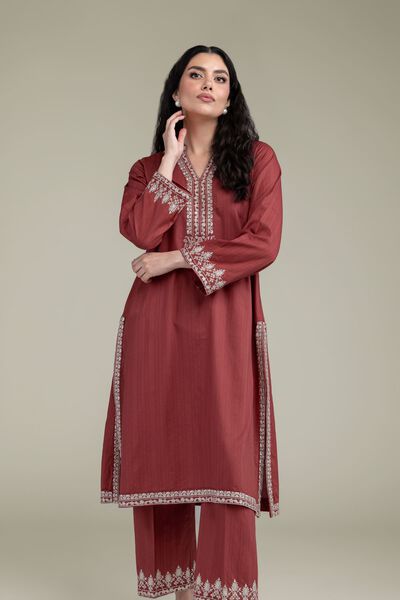 Embroidered | Cotton Dobby | Longline V-Neck Kurta | USD 45.00