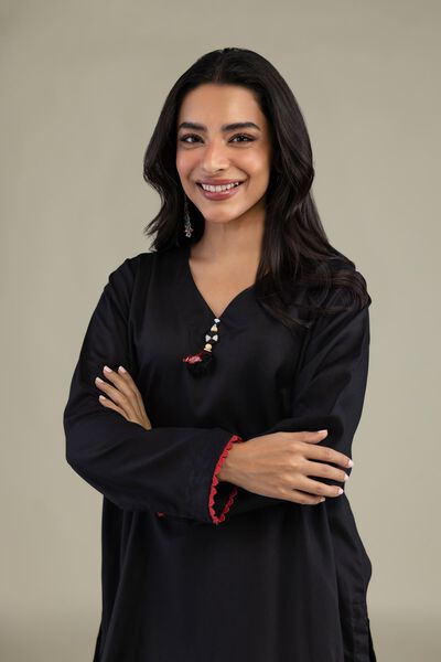 Printed | Textured Weave | Black V-Neck Kurta | USD 35.00