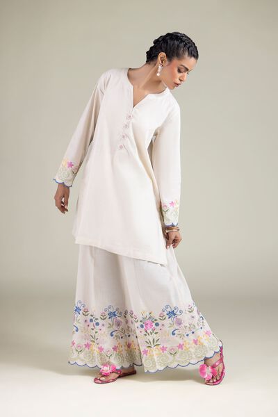 Embroidered | Textured Cotton | Floral Wide-Leg Pants | USD 40.00