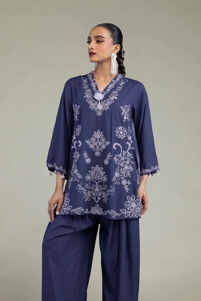 Embroidered | Raw Silk | Floral V-Neck Kurta | USD 55.00