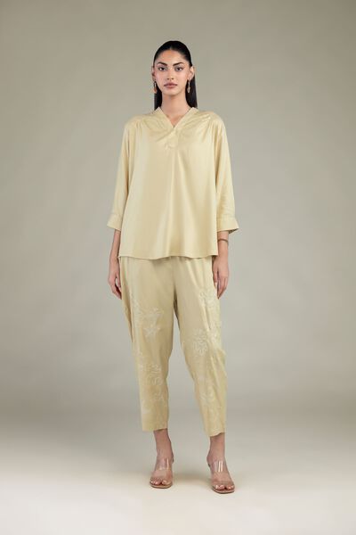 Embroidered | Viscose Crepe | Viscose Beige Trousers | USD 17.50