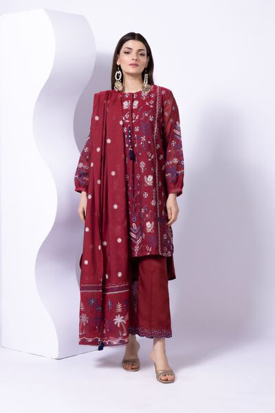 Embroidered | Crosshatch Raw Silk | Pants | USD 6.00