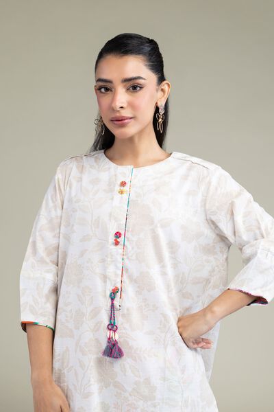 Printed | Cotton Dobby | White Longline Kurta | USD 15.00