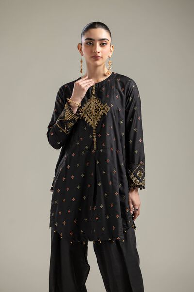 Raw Silk | Short Black Kurta | USD 27.50