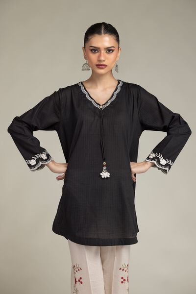 Embroidered | Cotton Dobby | Black V-Neck Kurta | USD 35.00