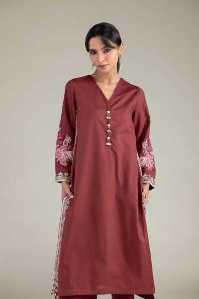 Embroidered | Cotton Dobby | Maroon V-Neck Kurta | USD 22.50