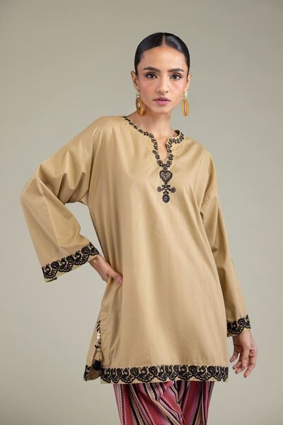 Embroidered | Cambric | Beige Cambric Kurta | USD 40.00