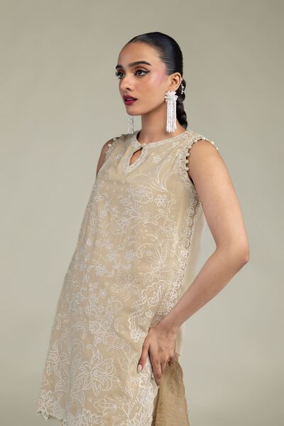 Embroidered | Raw Silk | Beige Sleeveless Kurta | USD 37.50