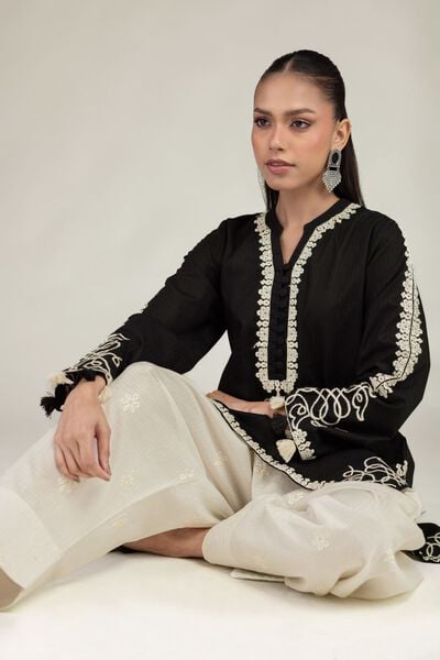 Embroidered | Cotton Dobby | Black Floral Kurta | USD 40.00