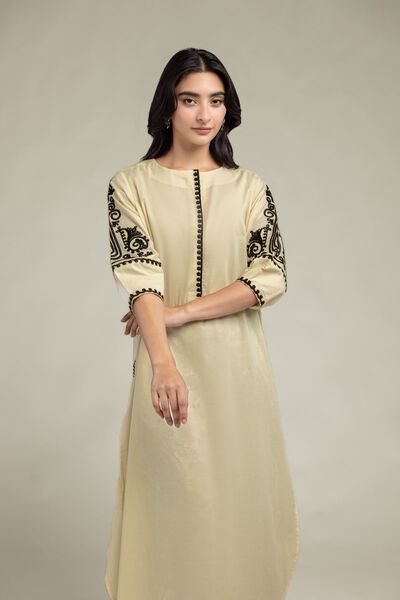 Embroidered | Cambric | Beige Round-Neck Kurta | USD 22.50