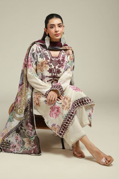 Embroidered | Satin | 3-Piece Tailored Set | USD 75.00