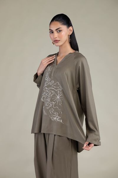 Embroidered | Viscose Crepe | Olive V-Neck Tunic | USD 17.50