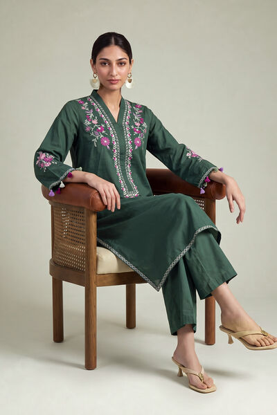 Embroidered | Cambric | Long Green Kurta | USD 45.00