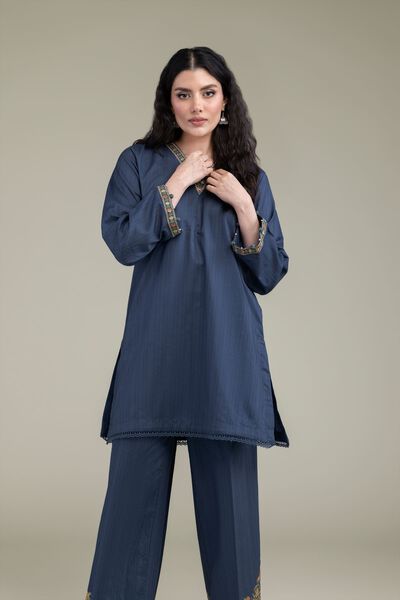Embroidered | Cotton Dobby | Navy V-Neck Kurta | USD 35.00