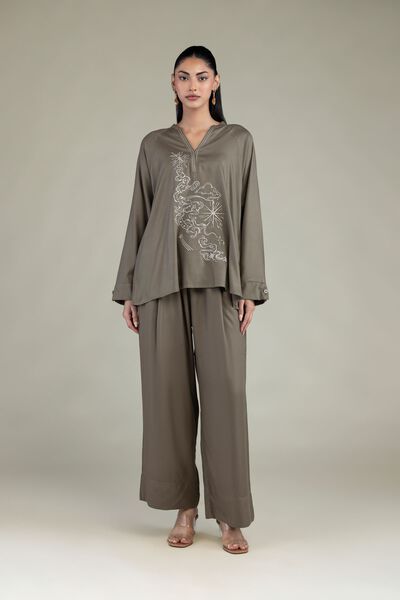 Embroidered | Viscose Crepe | Solid Olive Trousers | USD 15.00
