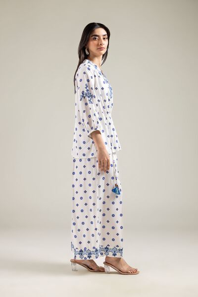 Embroidered | Viscose Crepe | Geometric White Trousers | USD 15.00