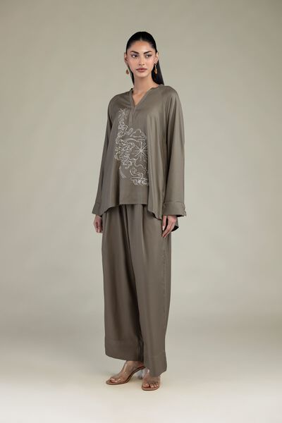 Embroidered | Viscose Crepe | Solid Olive Trousers | USD 15.00