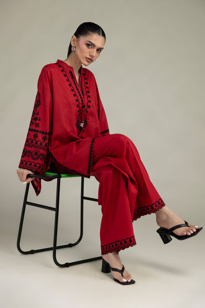 Embroidered | Cambric | Red Cambric Kurta | USD 55.00