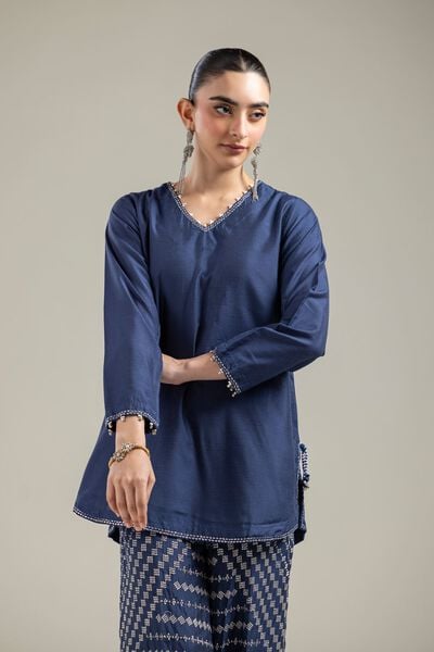 Raw Silk | Navy V-Neck Kurta | USD 20.00