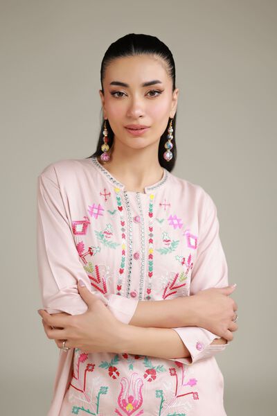 Embroidered | Viscose Crepe | Pink Buttoned Shirt | USD 12.00