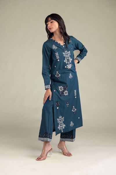 Embroidered | Cambric | Teal Cambric Pants | USD 25.00