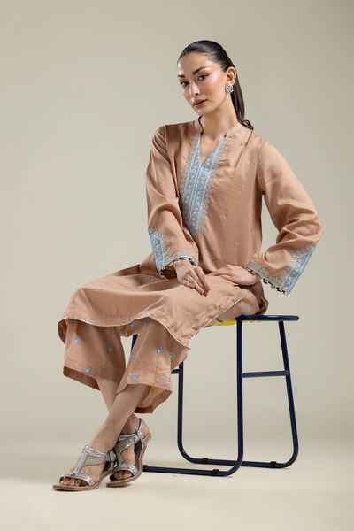 Embroidered | Textured Weave | Embroidered V-Neck Kurta | USD 20.00