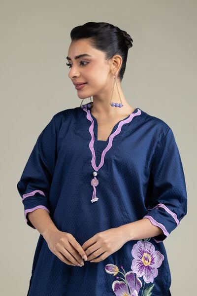 Embroidered | Cotton Dobby | Floral V-Neck Kurta | USD 35.00