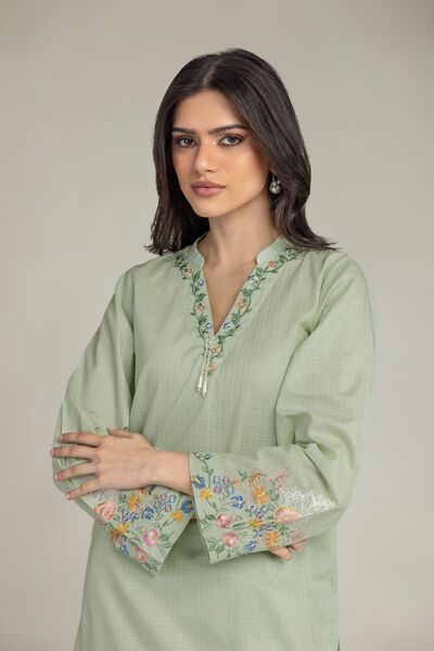 Embroidered | Cotton Dobby | Floral Mint Kurta | USD 35.00