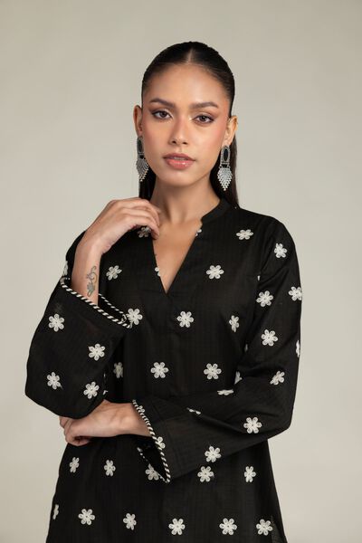 Embroidered | Cotton Dobby | Black V-Neck Kurta | USD 40.00