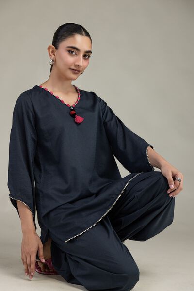 Embroidered | Textured Cotton Viscose | V-Neck Cotton Kurta | USD 35.00