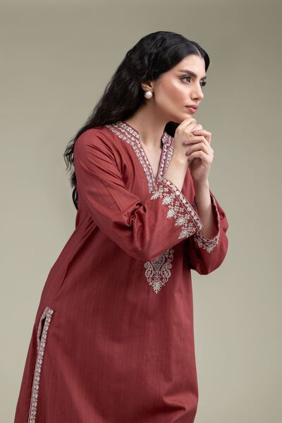 Embroidered | Cotton Dobby | Longline V-Neck Kurta | USD 45.00