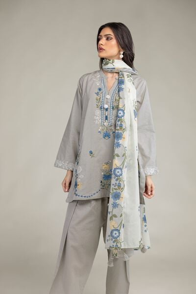 Embroidered | Cotton Net | Gray Floral Dupatta | USD 25.00