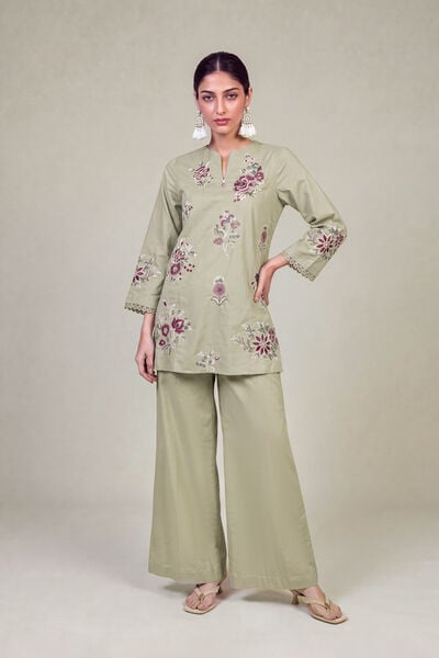 Embroidered | Cambric | Solid Olive Pants | USD 30.00