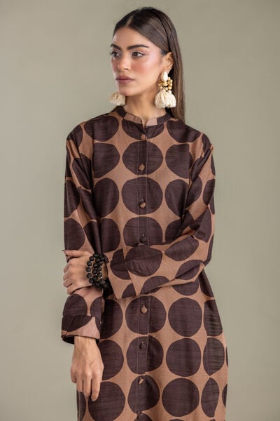 Printed | Light Khaddar | Brown Longline Kurta | USD 35.00