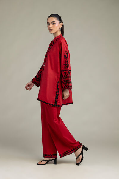 Embroidered | Cambric | Red Cambric Pants | USD 30.00