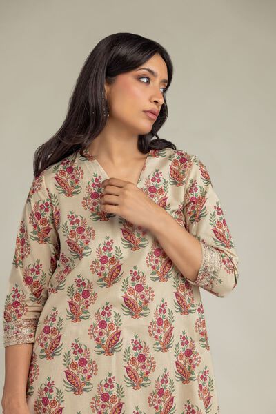 Embroidered | Cambric | Beige Cambric Kurta | USD 12.00