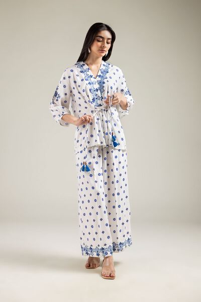 Embroidered | Viscose Crepe | Geometric White Trousers | USD 15.00